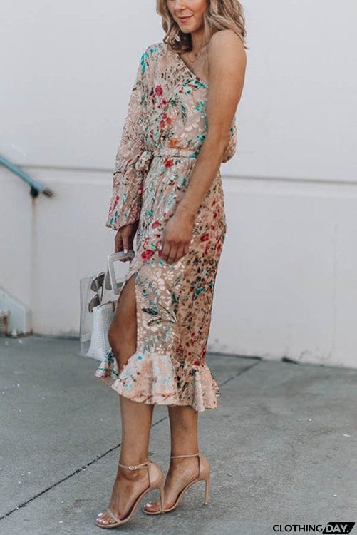 One Shoulder Print Split Ruffle Calf Length Dress