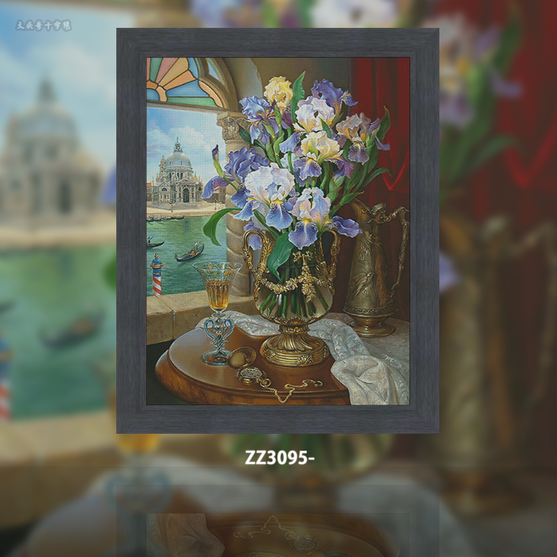 [ZZ3095-Oil Painting Window Iris Vase]  Painting Fairy Cross Stitch