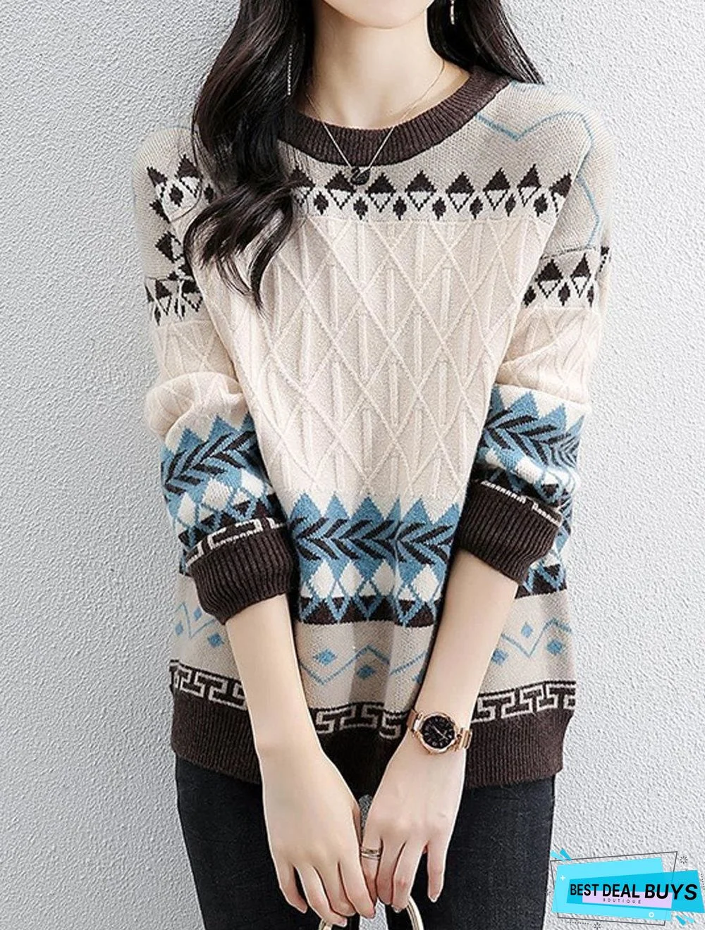 Fall/Winter Round Neck Retro Color Block Knitted Sweater