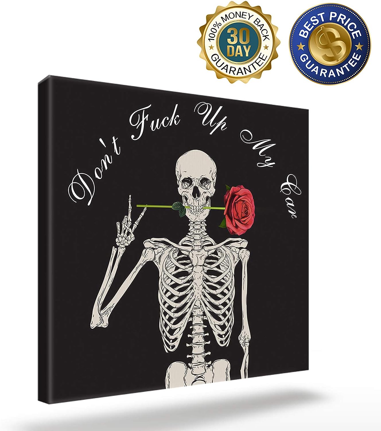 Canvas Wall Art Prints Painting Framed Wall Decor Skull Victory Gesture with Rose Flower Funny Text Pictures Stretched Canvas for Kitchen Bathroom Living Room 28&#034; x 28&#034;