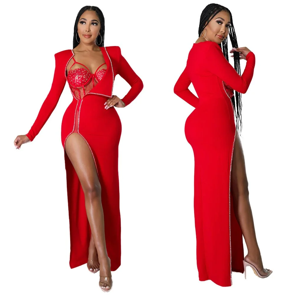 CM.YAYA Women Diamonds Hot Drill Side High Side Split Midi Maxi Dress and Lace Sleeveless Bodysuit Matching Set 2 Piece Outfit