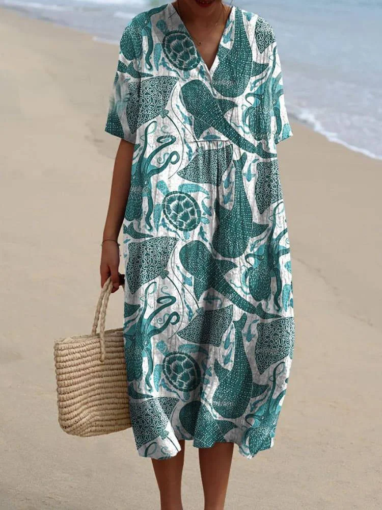 Women's Vintage Ocean Art Print Flowy Dress