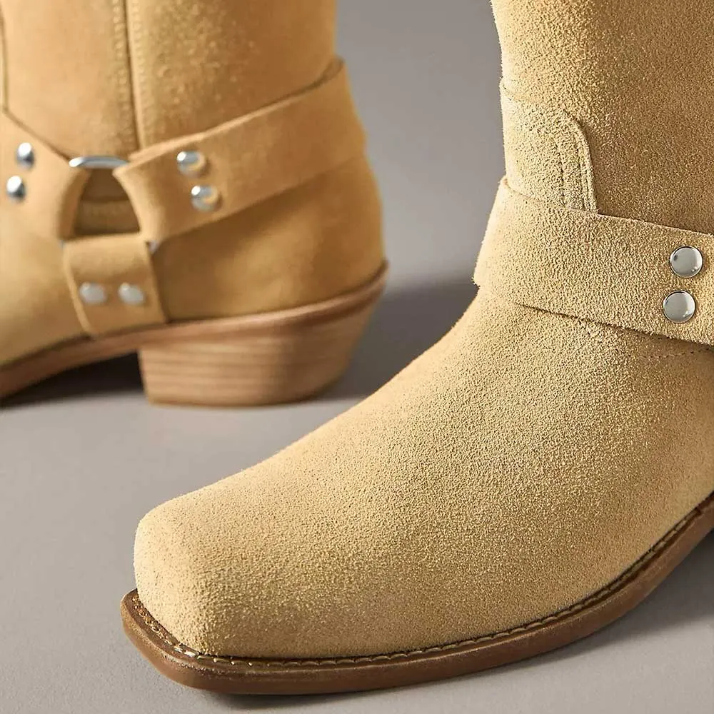 Khaki Square Toe Block Heel Studded Ring Ankle Boots for Women