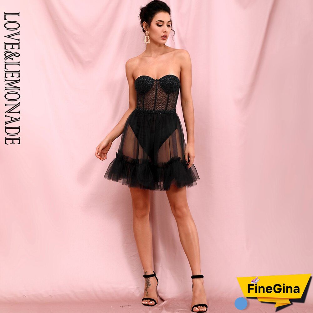 Black Sexy Tube Top Perspective Mesh Fluffy Shape Glitter Glued Party Mini Dress LM82353