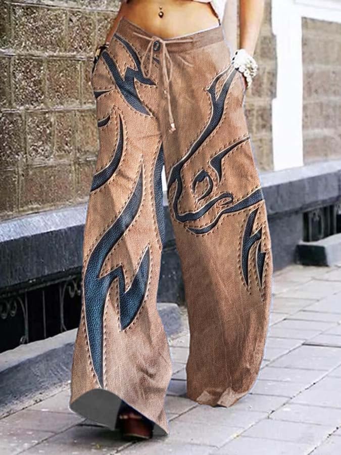 Vintage Ethnic Print Wide Leg Pants