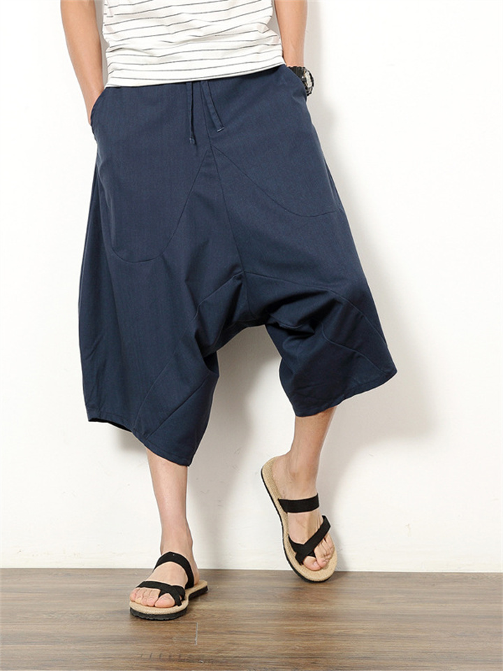 Men's Linen Shorts Summer Shorts Harem Pants Pocket Drawstring Elastic Waist Plain Outdoor Daily Going out Linen / Cotton Blend Fashion Streetwear Black Wine