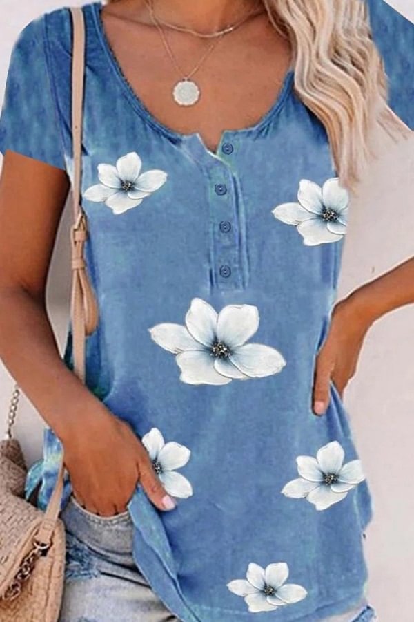 Floral Print Buttons Short Sleeves T-shirt