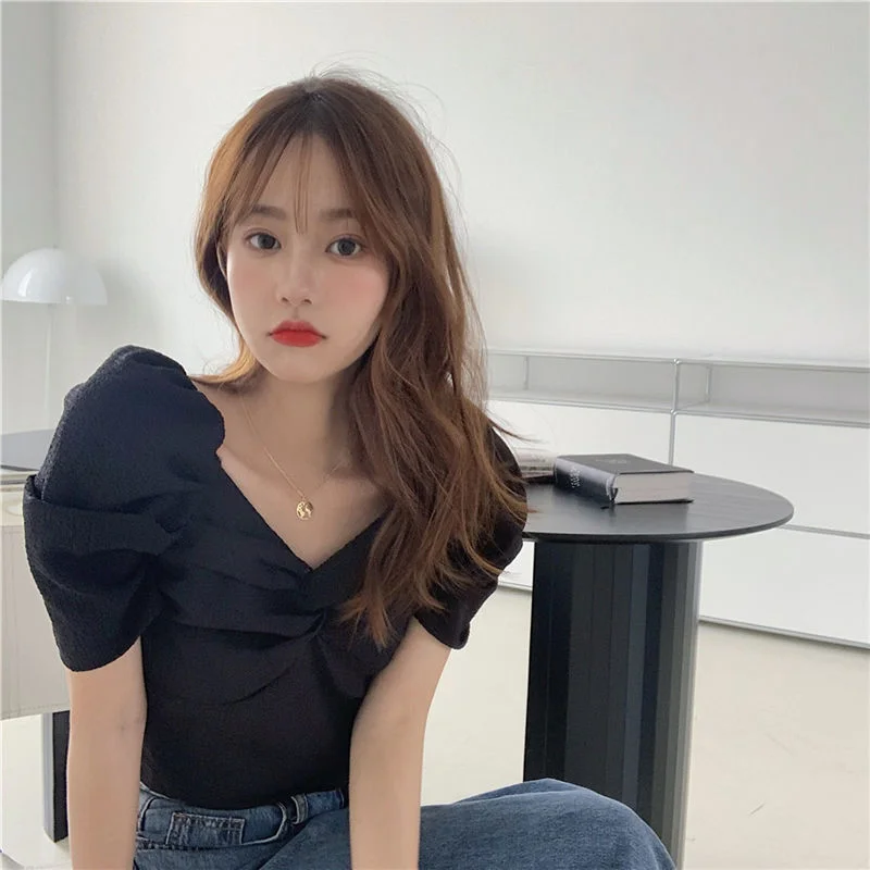 Women Shirts Solid Blouses Pleated V-neck Sexy Puff Short Sleeve Knot Stylish Korean Style Sweet Girls Tops Casual Chic Slim Ins