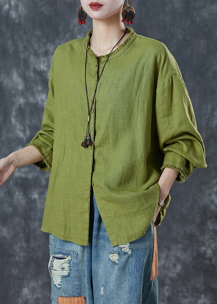 Plus Size Grass Green Embroidered Linen Blouses Spring