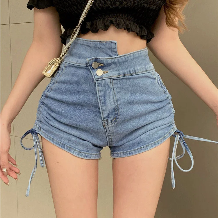 High Waist Diagonal Button Drawstring Denim Shorts