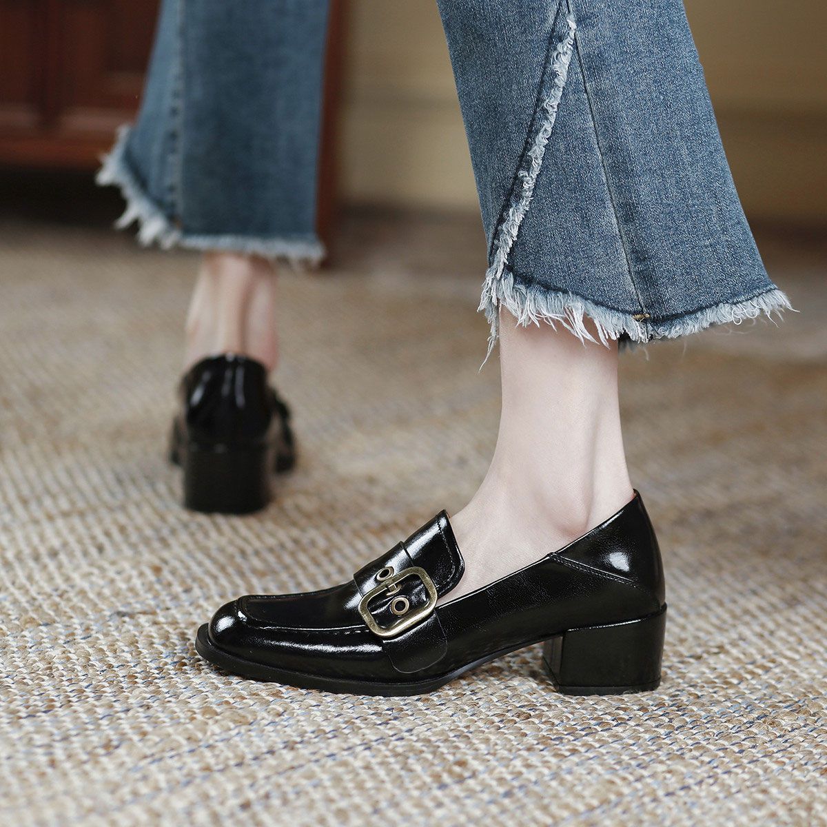 Black Leather Closed Toe Chunky Heel Lug Sole Loafers with Buckle Nicepairs