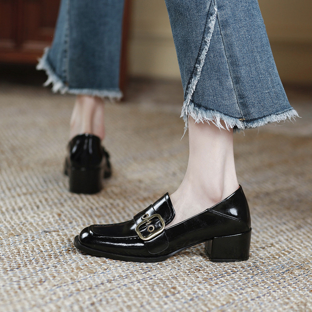 Black Leather Lug Sole Loafers With Knot Decor Chunky Heels Nicepairs