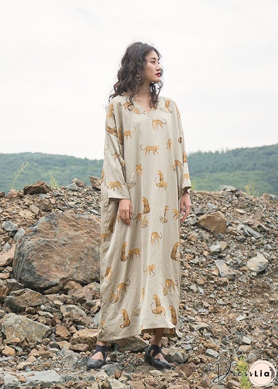 Italian Apricot V Neck Animal Print Silk Robe Dresses Fall