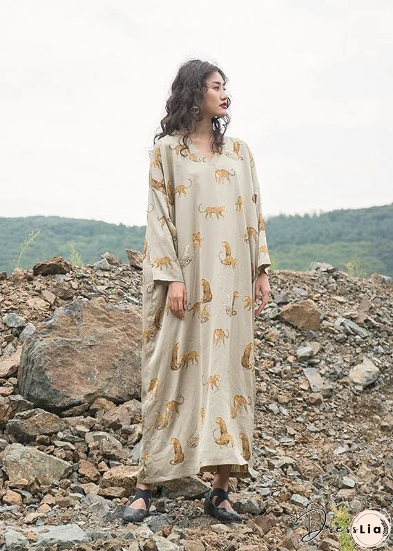 Italian Apricot V Neck Animal Print Silk Robe Dresses Fall