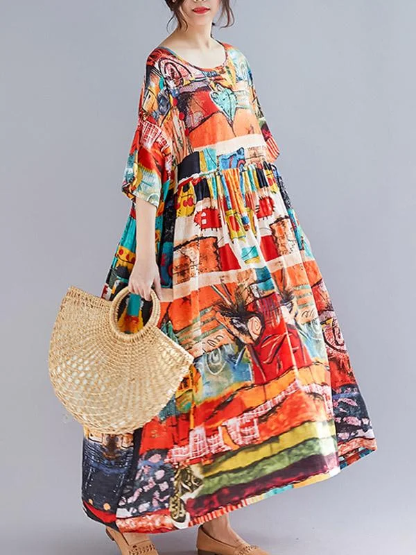 Loose Short Sleeves Floral Printed Round-Neck Midi Dresses