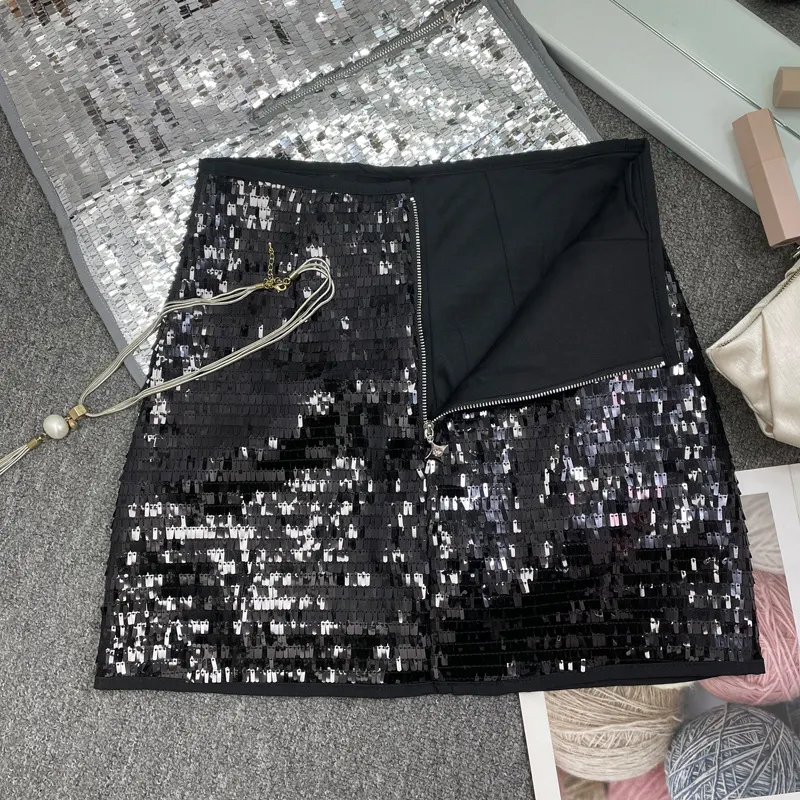 Brownm Real Shooting Heavy Industry Flash Shiny Piece High Waist Thin A Short Skirt Picts Anti-Walking Bag Hip Step Skirt 8108