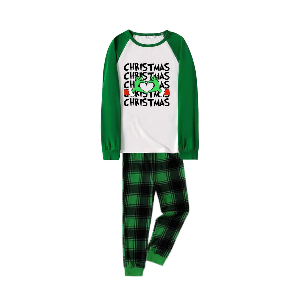 Christmas Text and Cartoon Pattern Print Long Sleeve Top With Green & Black Plaid Christmas Matching Pajamas