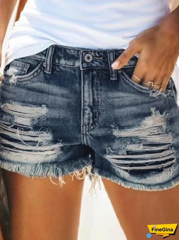 High Waist Fringed Ripped Casual Denim Shorts for Women