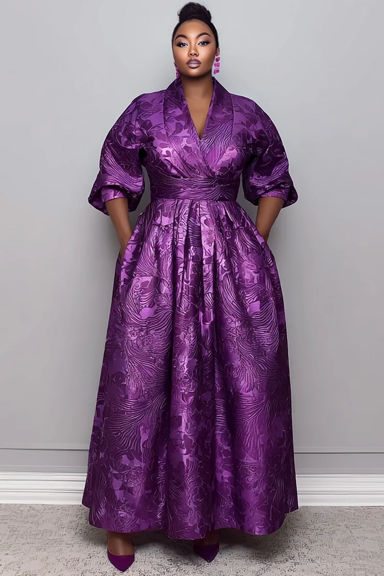 Xpluswear Design Plus Size Formal Purple All Over Print V Neck Half Sleeve Pocket Elegant Maxi Dresses [Pre-Order]