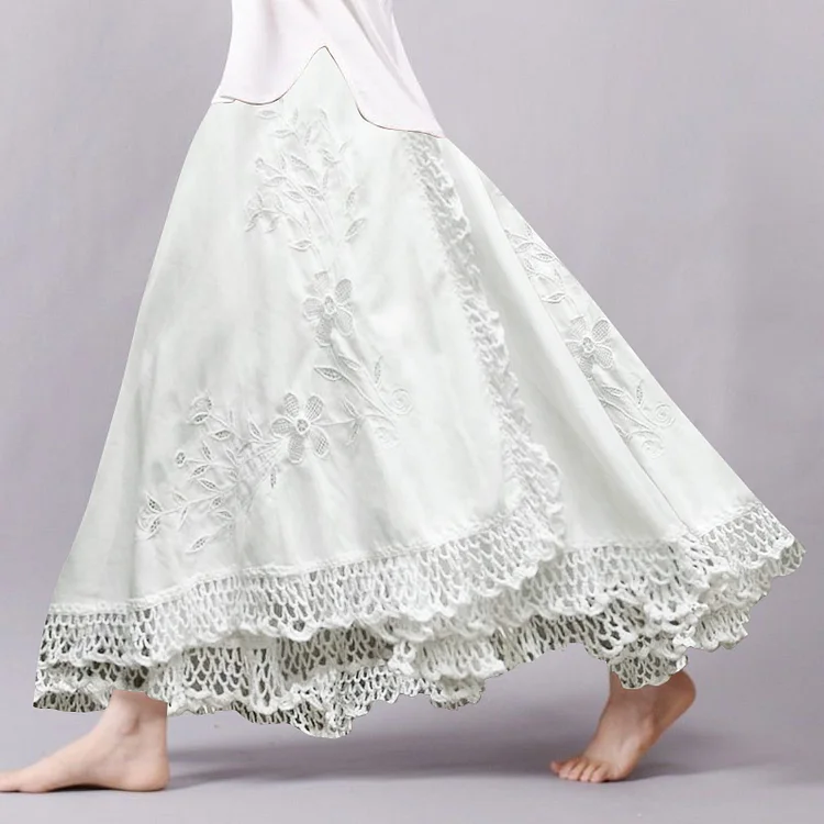 Vintage Floral Lace Embroidery Art Flowy Wide Skirt