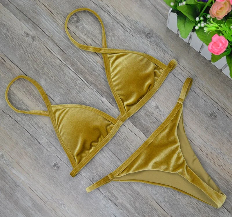 2019 Women Dark Green Orange Gold Velvet Thong Bikinis Sets Swimwear Swimsuit Brazilian Beach Wear Bathing Suit 2221