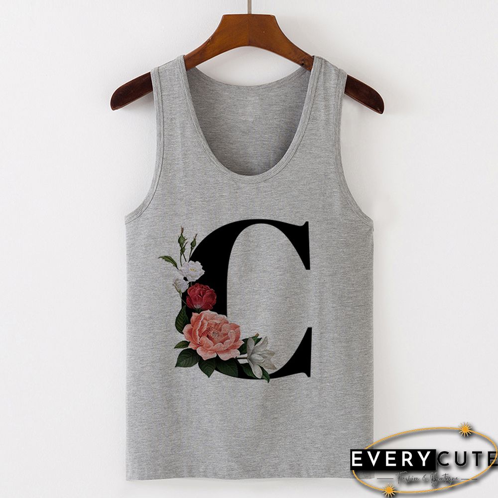 Summer Alphabet Print Camisole Sexy Tank Tops Vest Women Tee Shirt Sleeveless Gray Female