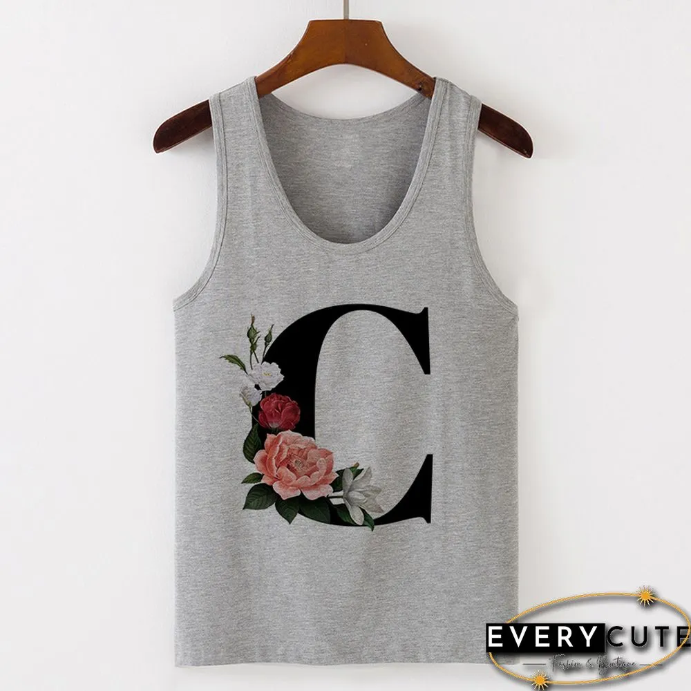 Summer Alphabet Print Camisole Sexy Tank Tops Vest Women Tee Shirt Sleeveless Gray Female