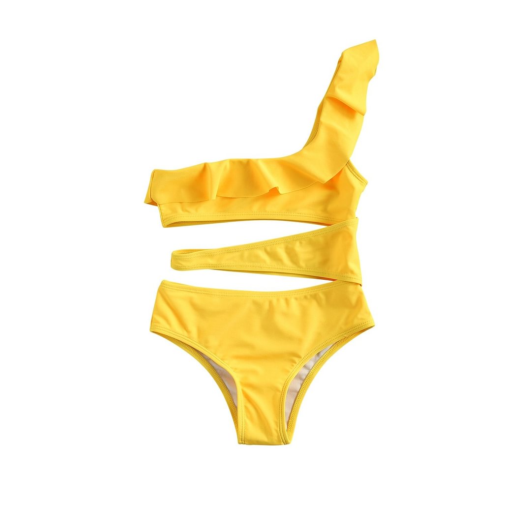 Infant Kids Girls Oblique Shoulder Cut Hollow Swimsuit, Lotus Leaf Hot Spring Swimsuit, Solid Color Two-piece Suit