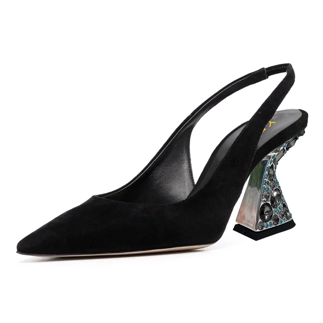 Faux Suede Pointed Rhinestone Embellished Slingback Pumps in Black 