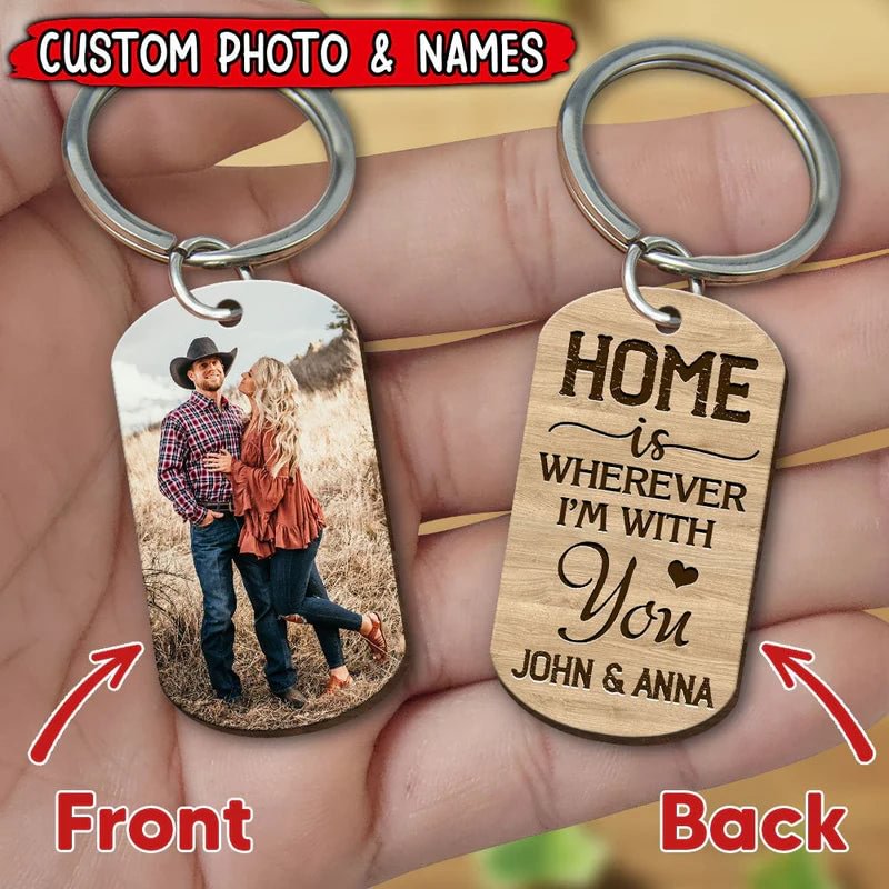Personalized Home Is Wherever I'm With You Couple Wooden Keychain