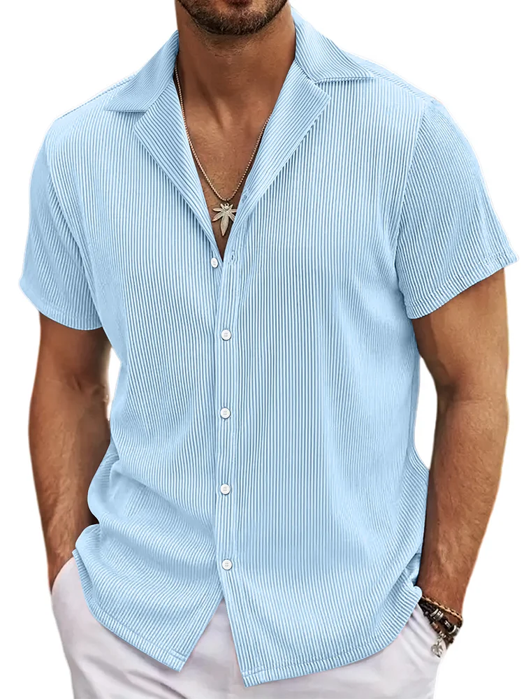 Men's summer Cuban collar solid color pit comfortable short-sleeved shirt