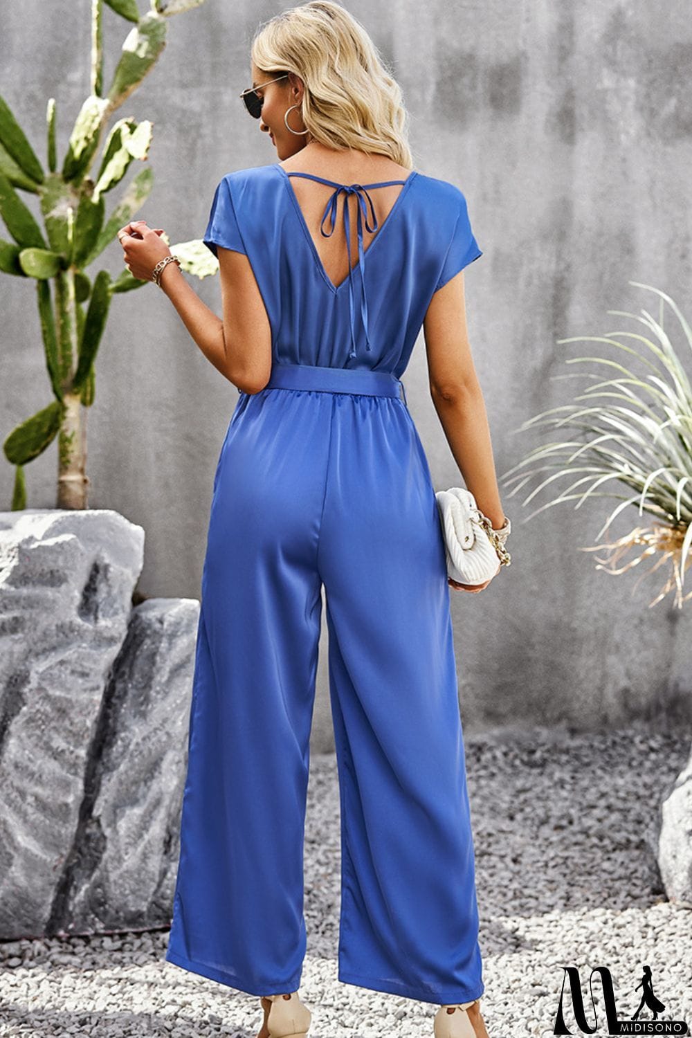 MidiSono - Tie Belt V-Neck Short Sleeve Jumpsuit