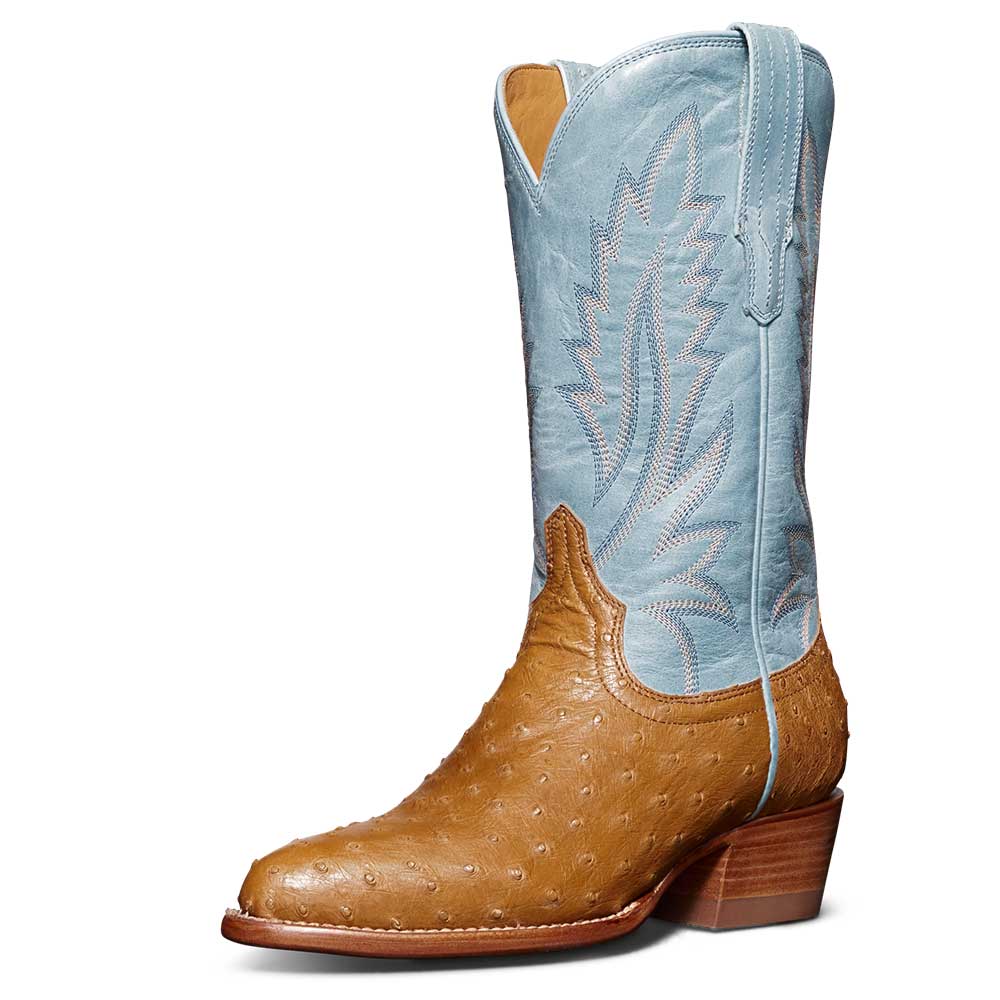 Tan & Blue Ostrich Embossed Almond Toe Embroidered Cowgirl Boots