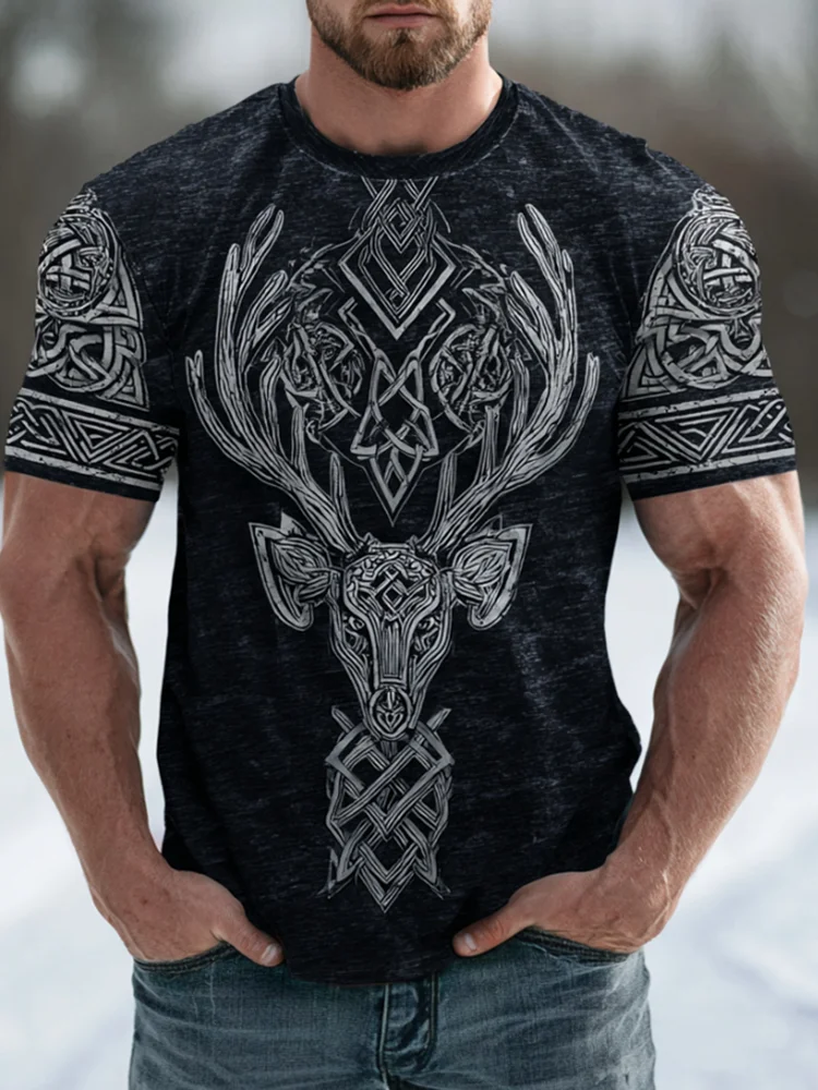 Viking Deer Pattern And Celtic Knot Round Neck Short Sleeve