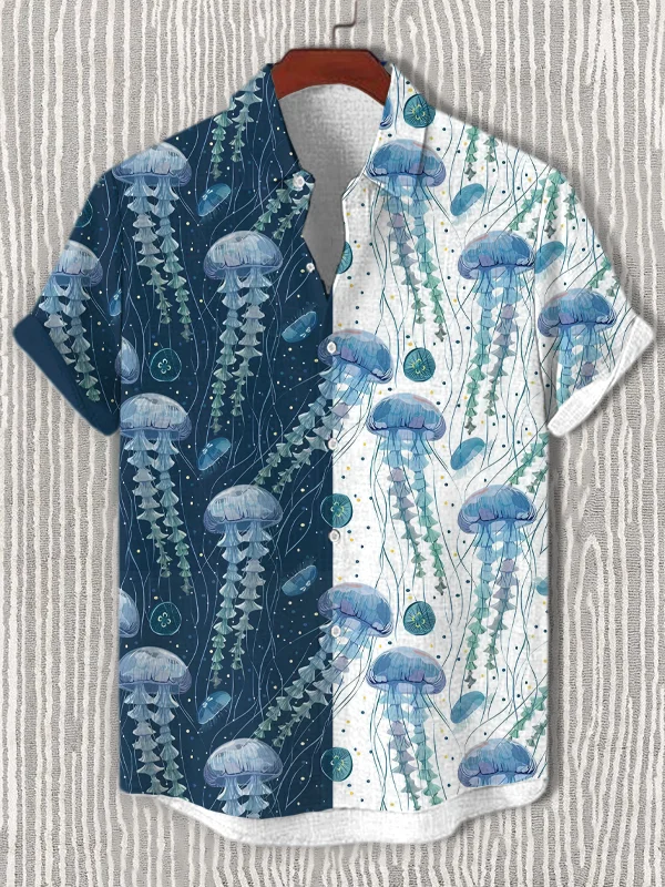 Men's Color Splice Jellyfish Print Short Sleeve Shirt