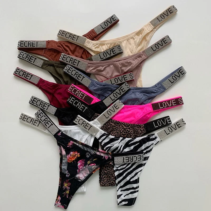 2PCS Sexy Low Waist Panties G String Comfort Satin Underwear Women Rhinestone High Fork Thong Seamless Intimates Lingerie Cotton