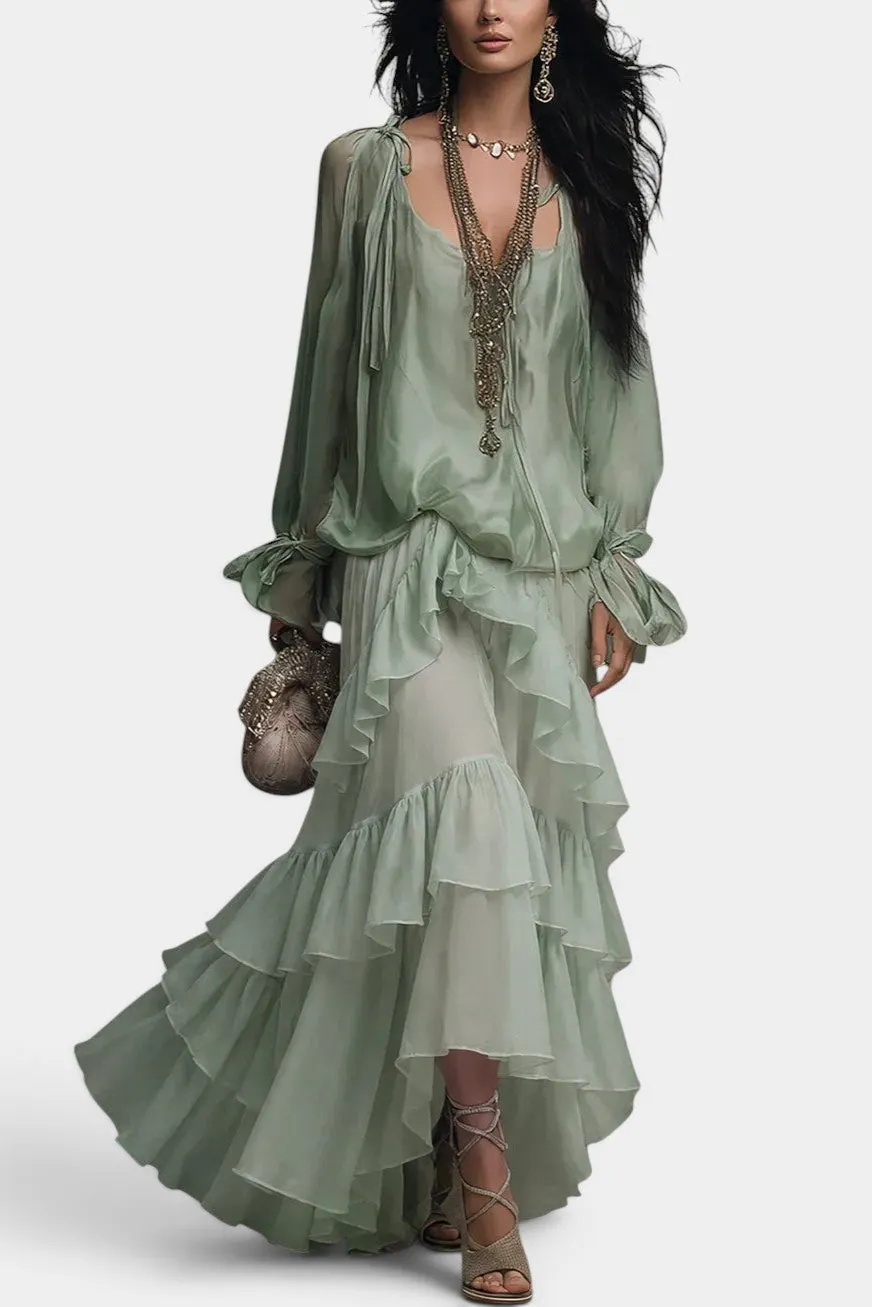 Layered Satin Blouse with Ruffled Maxi Skirt Set