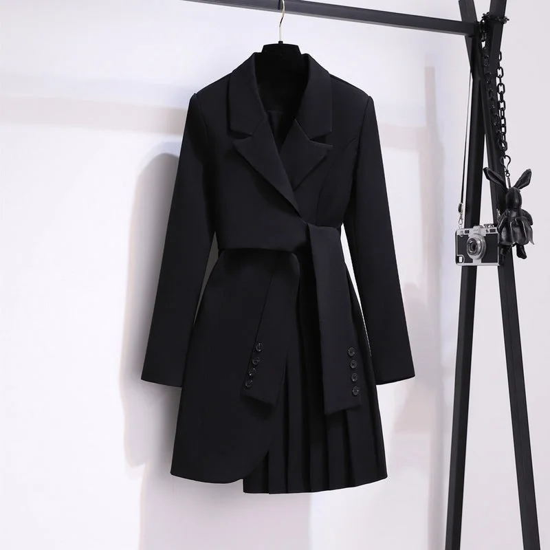 Women's Blazer Dress High Waist Tie Button Paneled Pleated Suit Dress