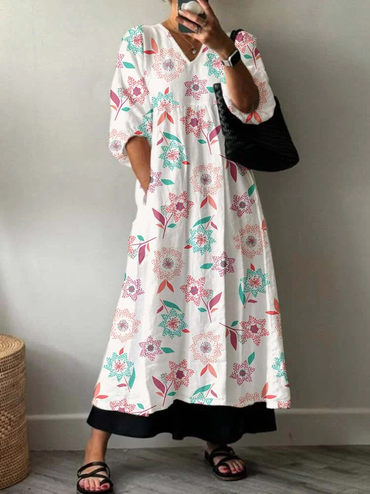 Womens Artistic Holiday Floral Pattern Cotton Dress