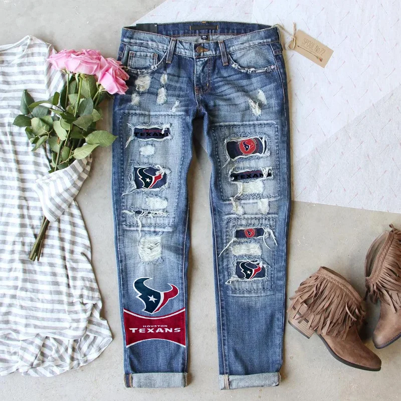 casual fashion perforated printed jeans