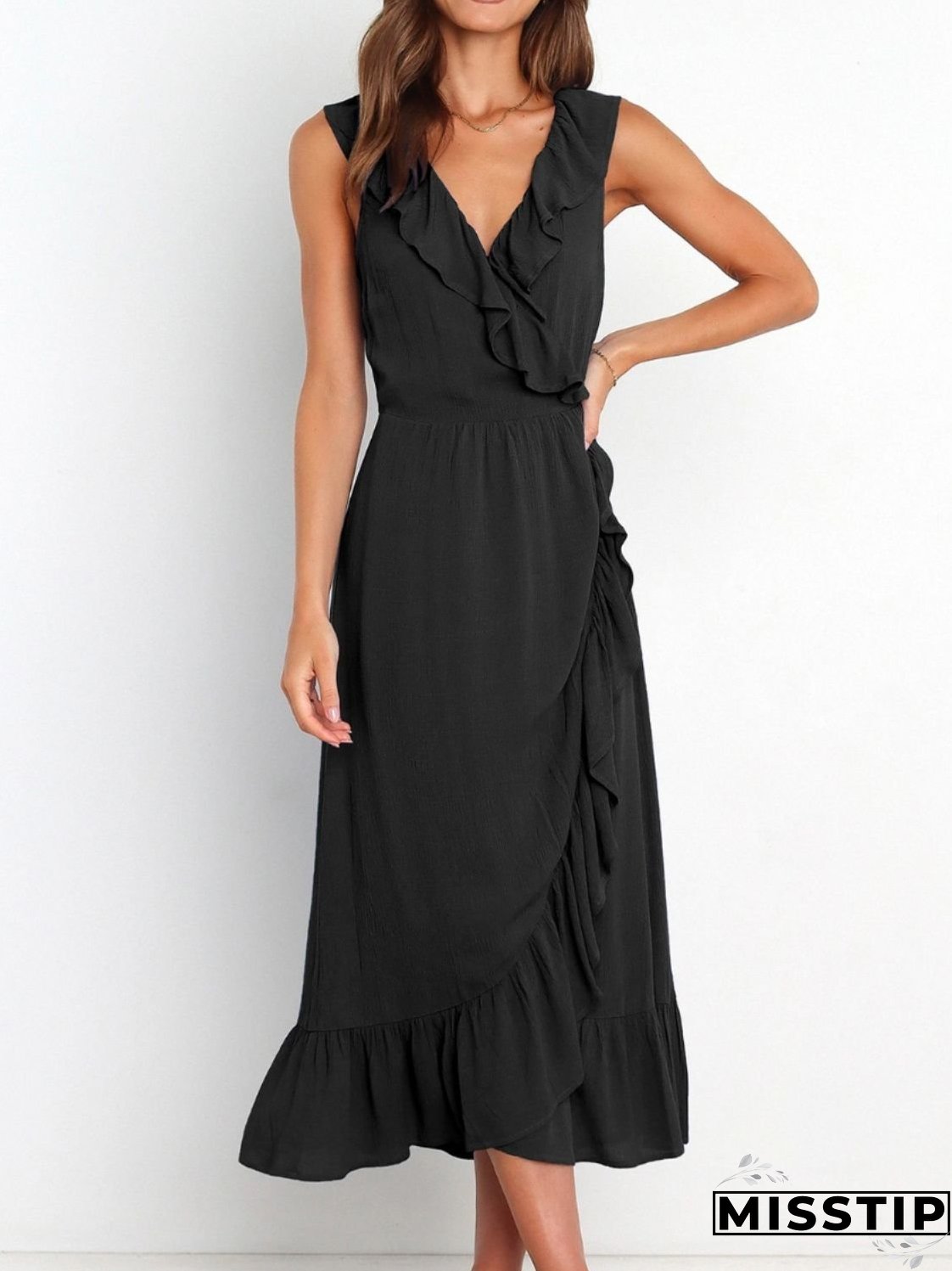 Ruffled Surplice Sleeveless Midi Dress