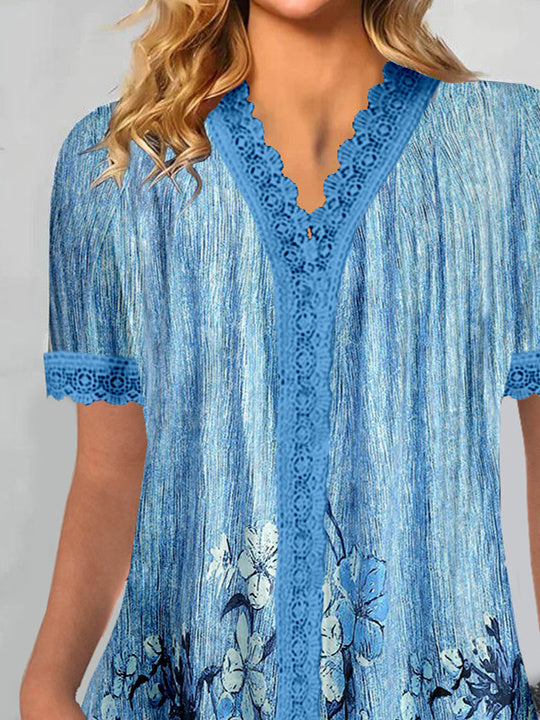 Women Short Sleeve V-neck Floral Printed Graphic Lace Tops