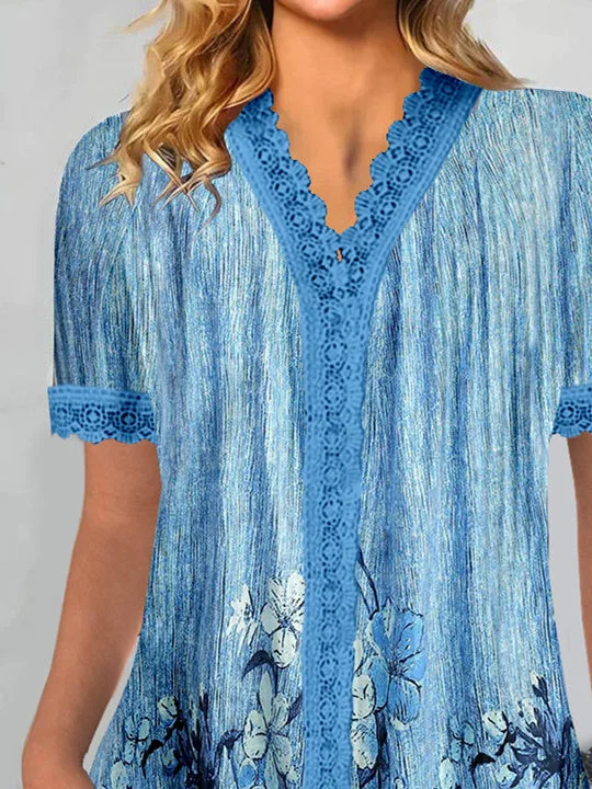 Women Short Sleeve V-neck Floral Printed Graphic Lace Tops