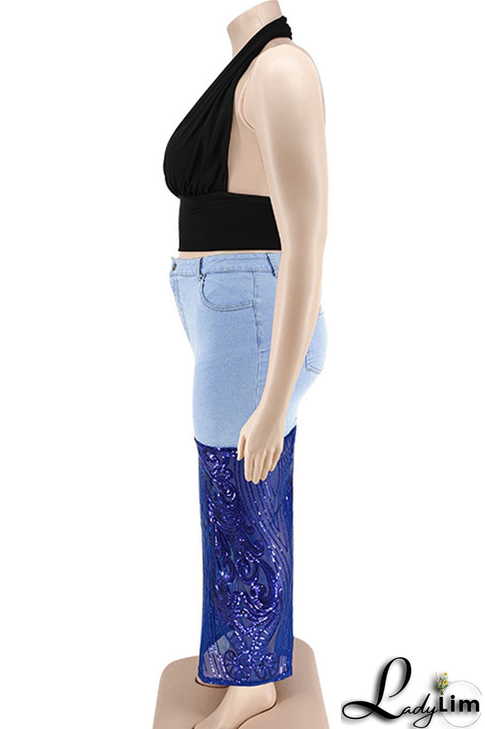 Deep Blue Sexy Solid Embroidered Sequins Patchwork High Waist Denim Skirts
