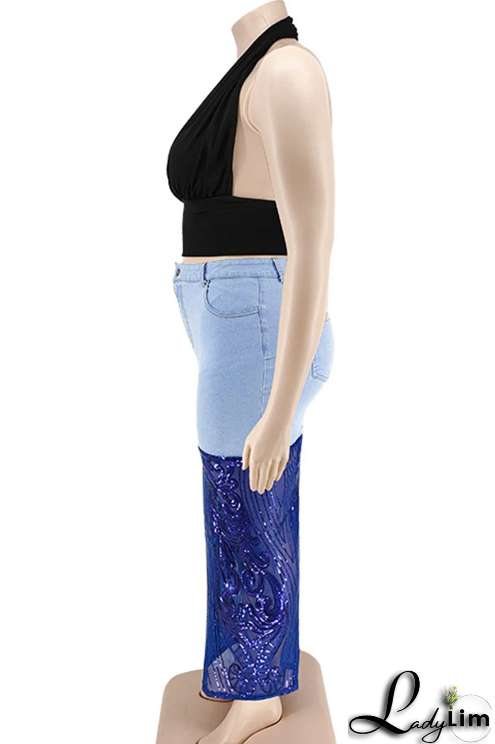 Deep Blue Sexy Solid Embroidered Sequins Patchwork High Waist Denim Skirts
