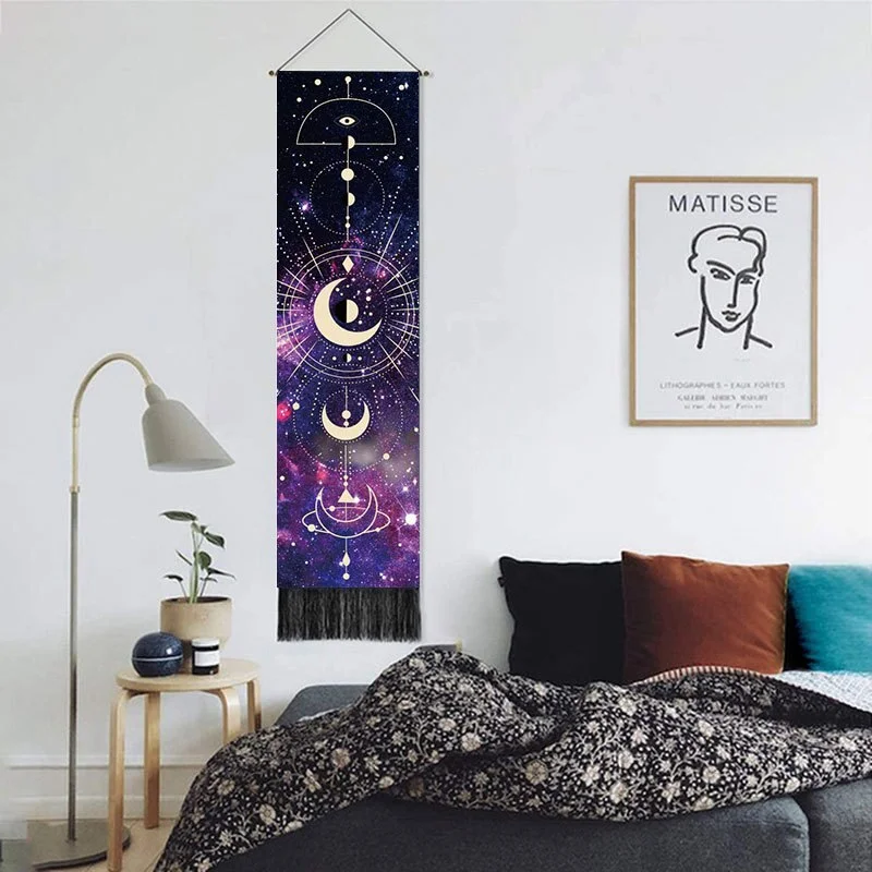 Moon Phase Tapestry Wall Hanging Lunar Eclipse Cycle Tassel Carpet Sun Moon Tapestries Bohemian Psychedelic Wall Decoration