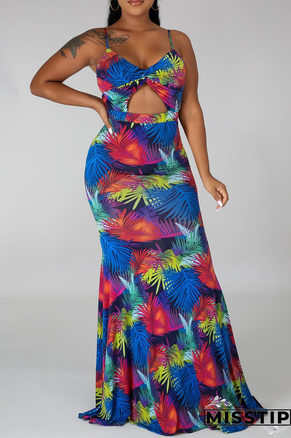 Blue Sexy Print Hollowed Out Spaghetti Strap Trumpet Mermaid Dresses