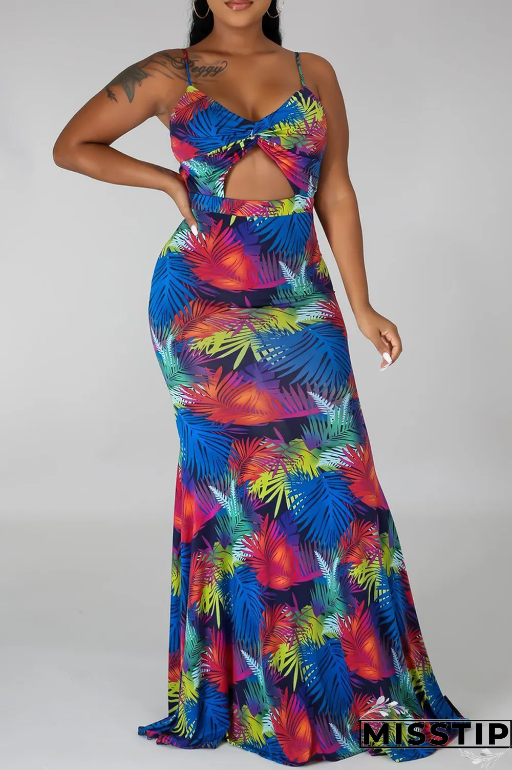 Blue Sexy Print Hollowed Out Spaghetti Strap Trumpet Mermaid Dresses