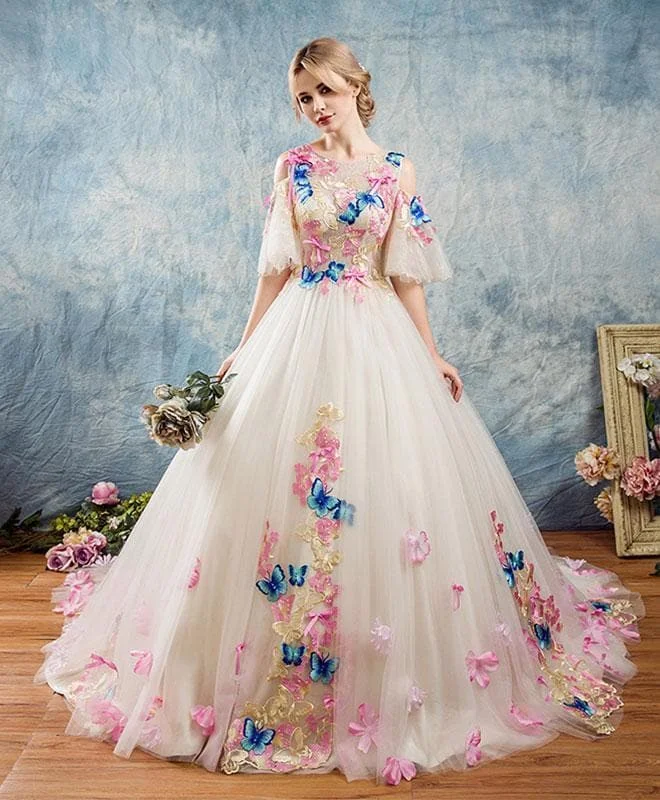 Unique Round Neck Applique Tulle Long Prom Gown, Tulle Evening Dress