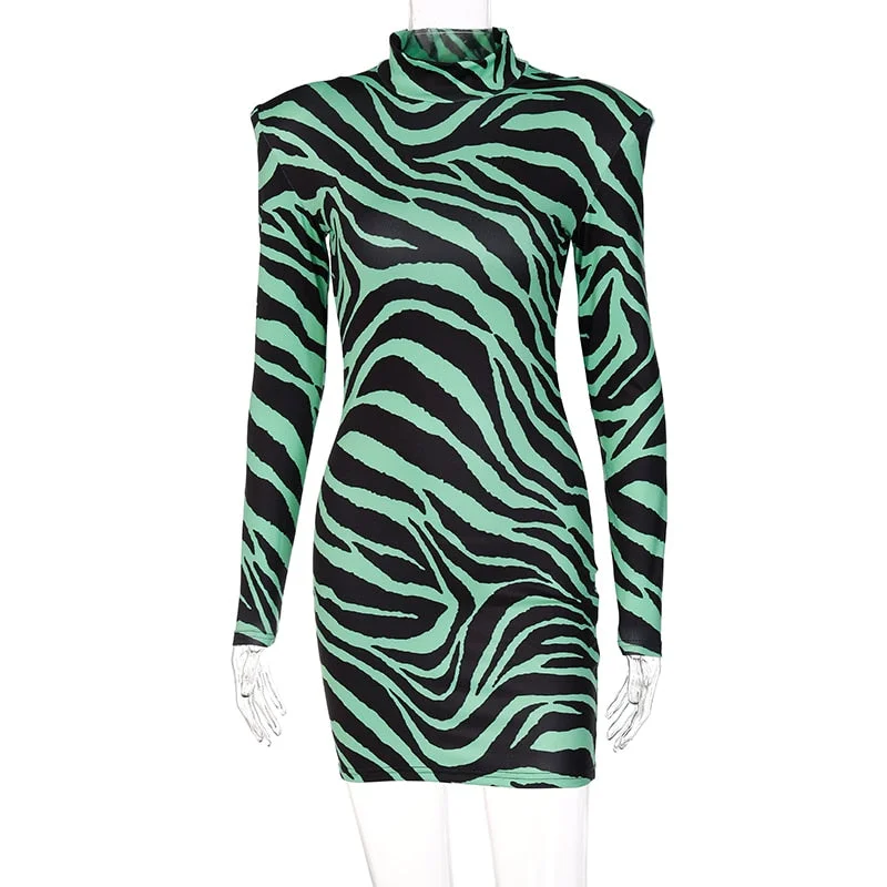Hawthaw Women Autumn Winter Long Sleeve Zebra Striped Printed Bodycon Mini Dress Streetwear 2021 Fall Clothes Wholesale Items